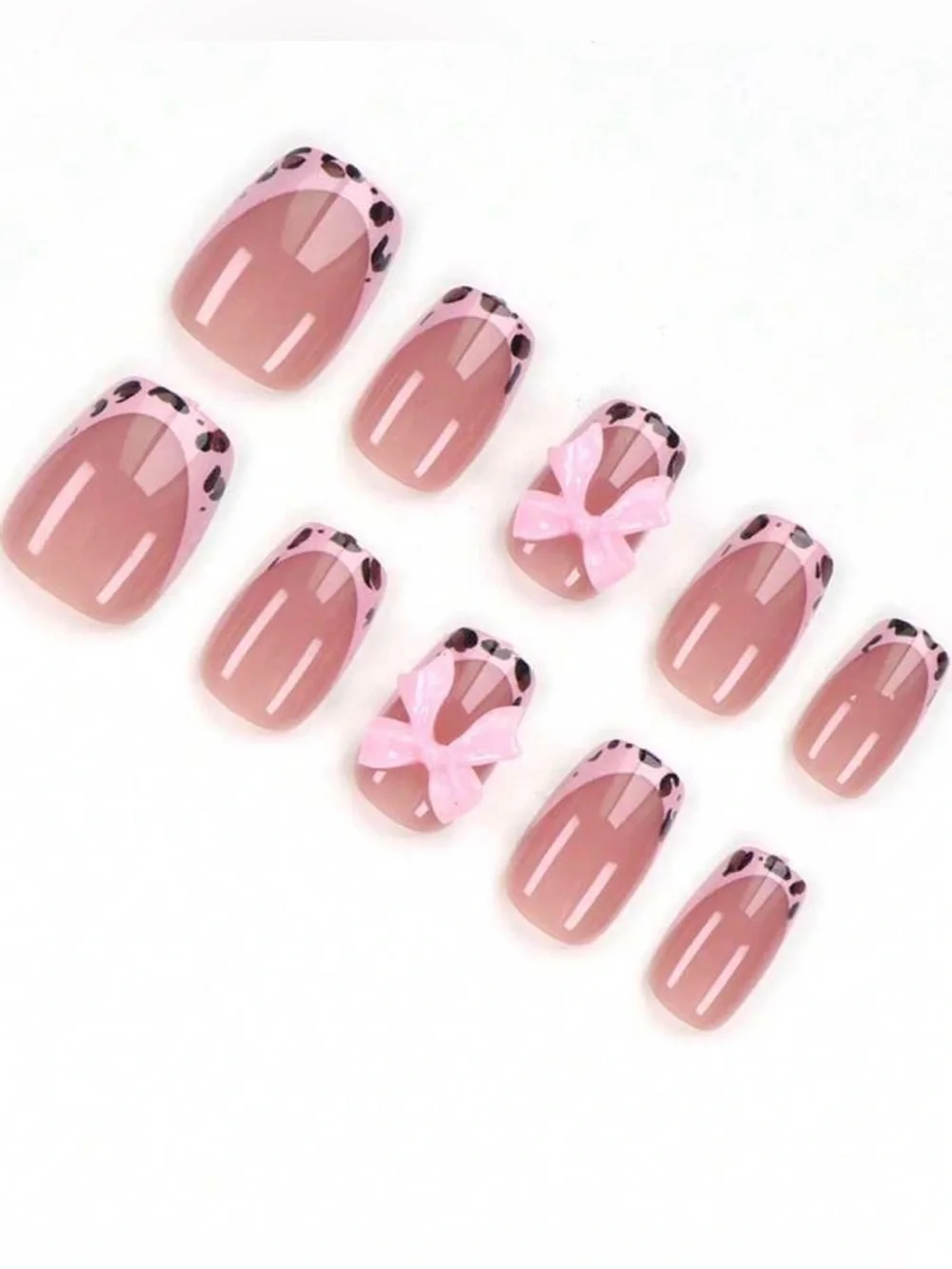 Pink Leopard Tip Press-On Nails with 3D Bows